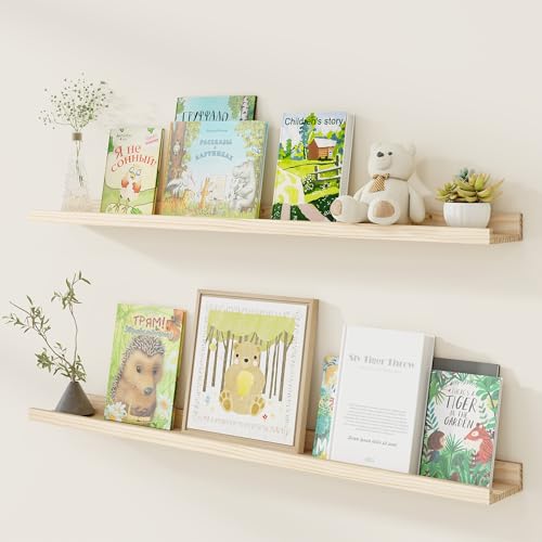 Fun Memories Picture Ledge Shelf, Pine Wood Floating Shelves Set of 2, 48 inch Nursery Book Shelves, Photo Ledge Book Shelves Wall Mounted for Living Room Kids' Room Bedroom - Natural - color: Usa-sourced Pine Wood Natural Unfinished, size: 48in