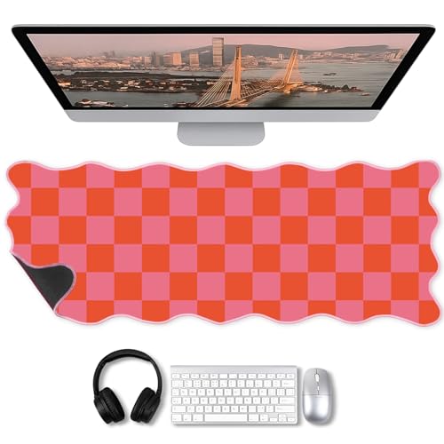 Copkim 1 Pcs Pink Orange Scalloped Checkered Desk Mat 31.5 x 11.8 Large Cute Mouse Pad Computer Mat Non Slip Waterproof Rubber Base with Border Stitching Soft Keyboard Pad for Home Office Game Makeup - color: Pink Orange, style: Checkered
