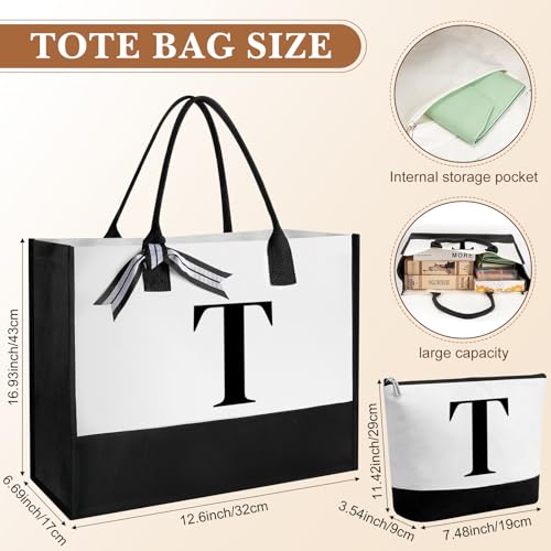 Aliceset Initial Gifts for Women Monogram Canvas Tote Bag and Makeup with Zipper and Initial Glass Coffee Cup Gifts for Her - style: Letter T