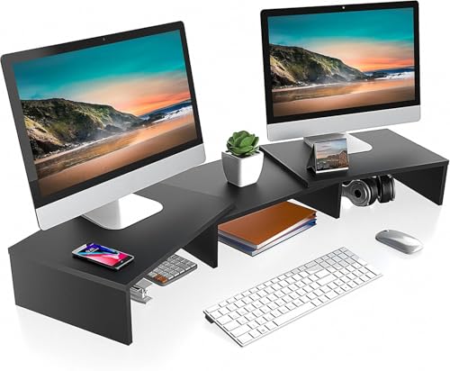 FITUEYES Dual Monitor Stand – 3 Shelf Computer Monitor Riser, Wood Desktop Stand with Adjustable Length and Angle, Desk Accessories, Office Supplies Medium Black,DT108001WB - color: Black
