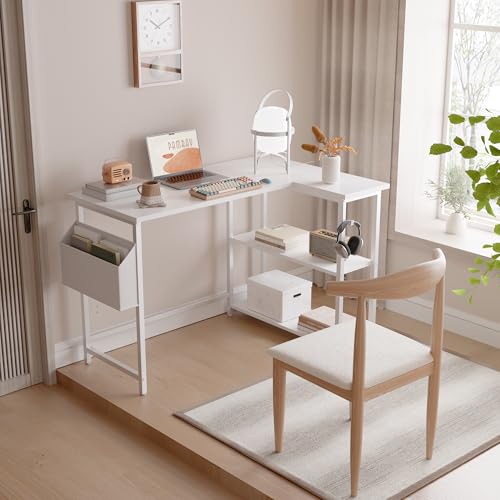 Pamray 40 Inch L Shaped Computer Desk with Reversible Side Storage Shelves, Small Corner Desk for Small Space Home Office, Writing Study Table PC Desk for Bedroom, White - color: White, size: 40 Inch