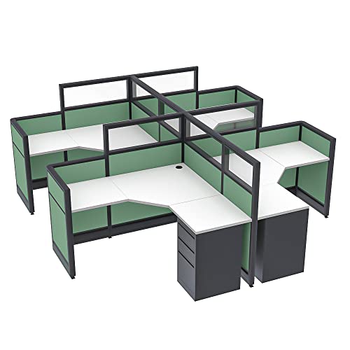 SKUTCHI DESIGNS INC. Modern 4 Person Cubicles | L-Shaped Workstations with Storage | Emerald Collection | Social Distancing | 5x5x52-39 H | White - color: White