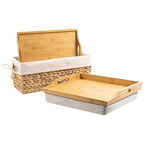 ROSSIE HOME Bamboo Wood Bed Tray, Lap Desk - Set of Two - with Hyacinth Storage Basket - Natural - Fits up to 15.6 Inch Laptops - Style No. 70107 - color: Natural Bamboo, size: 2-Pack with Basket