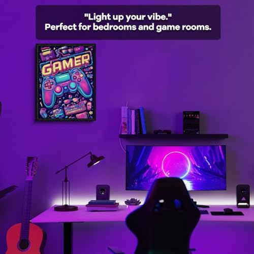 Gamer Controller Wall Art, neon retro setup, gaming wall decor, matte finish framed canvas print, gaming poster artwork, for dorm game room gift, 12x15 inch - color: Retro Neon Gamer Vibes
