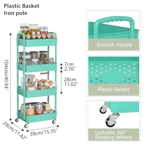 Sywhitta 4-Tier Plastic Rolling Utility Cart with Handle, Multi-Functional Storage Trolley for Office, Living Room, Kitchen, Movable Storage Organizer with Wheels, Green - color: Green, size: 4-tier