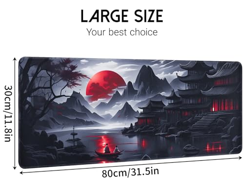 FreeNook Large Gaming Mouse Pad, Anime Black Mousepad with Stitched Edges, Expanded Cool Desk Mat, Japanese Red Moon XL Keyboard Mat Suitable for Home Office,31.5 X 11.8 Inch - color: RedMoon, size: 31.5L x 11.8W inches