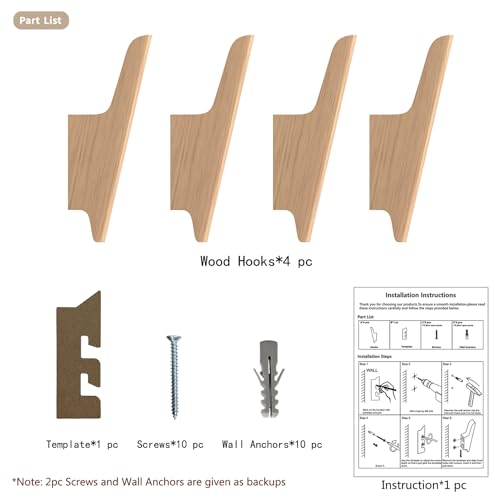 Wood Wall Hooks 4 Pack Coat Hooks Wall Mount Natural Wooden Hooks for Hanging Hat, Bag, Backpack, Rustic Coat Hooks for Wall, Wood Towel Hooks for Bathrooms and Entryway Hooks - color: Beech
