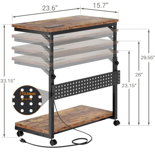 Besiost Computer Tower Stand with Power Strips, 4 Levels Manual Height Adjustable PC Tower Stand for Under Desk, Mobile Rolling CPU Holder, Computer Cart with Wheels, 24", Rustic Brown - color: Rustic Brown, size: 24"
