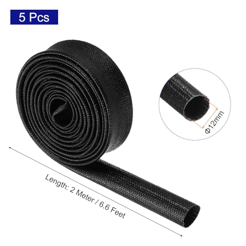 MECCANIXITY 5Pcs Wire Insulation Braid Fire Sleeve,6.6Ft-12mm ID Black, High Temp Silicone Coated Fiberglass Sleeving for Automotive Hose Lines Electrical Wiring - color: Black, size: 6.6Ft-12mm