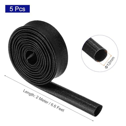 MECCANIXITY 5Pcs Wire Insulation Braid Fire Sleeve,6.6Ft-12mm ID Black, High Temp Silicone Coated Fiberglass Sleeving for Automotive Hose Lines Electrical Wiring - color: Black, size: 6.6Ft-12mm