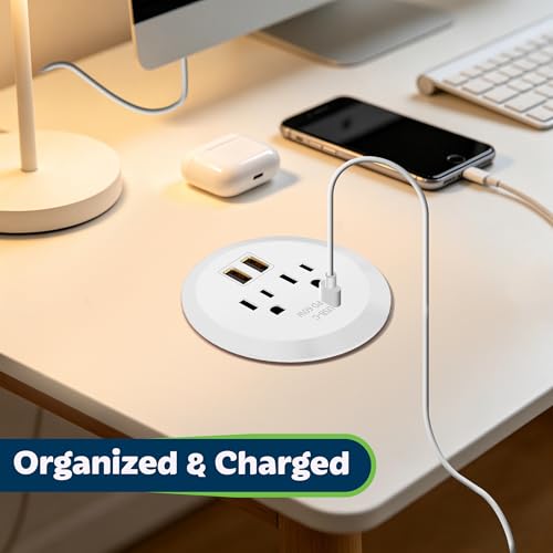 TOPGREENER Desktop Power Grommet With 65W PD Fast Charging USB C, GaN Desk for MacBook, 2 USB-A Ports and Duplex Receptacles, 3" Diameter, TTRP48APD60-W, White - color: White