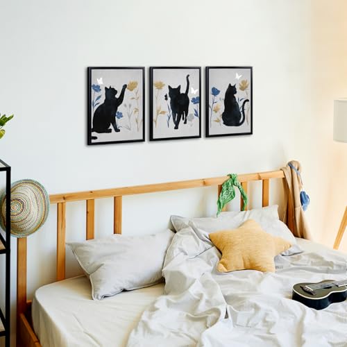 LoveHouse Framed Black Cat Silhouette Wall Art Cat with Blue and Gold Botanical Floral Canvas Prints for Cat Lovers Ready to Hang Kid's Room Bedroom Bathroom Wall Decor