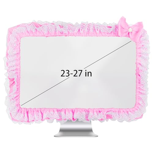 Cute Pink Lace 23"-27" Computer Monitor Screen Dust Cover with Bowknot | Lovely Pink Bow | Lace Trim | Adjustable Elastic Band - color: Pink & White Dot