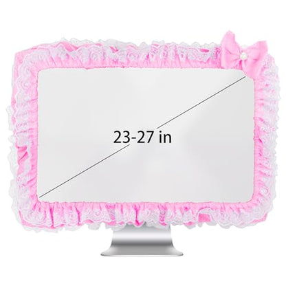 Cute Pink Lace 23"-27" Computer Monitor Screen Dust Cover with Bowknot | Lovely Pink Bow | Lace Trim | Adjustable Elastic Band - color: Pink & White Dot