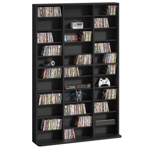 LELELINKY 11 Tier Tall Display Cabinet, Black Media Storage Cabinet with Adjustable Shelves, Free Standing DVD Organizer Shelf, Floor Multimedia Storage Manga Bookshelf for Living Room & Home Office. - color: Black, size: 11-Tier
