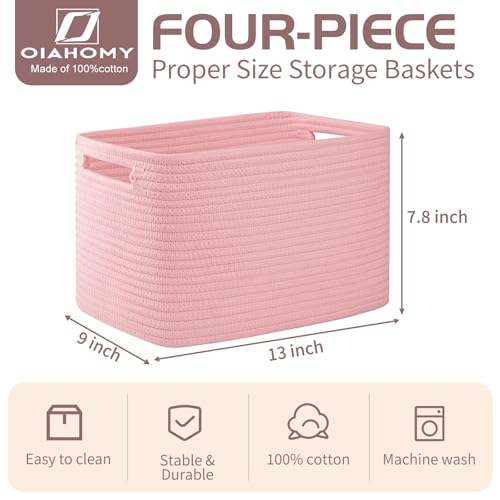 OIAHOMY 4 Pack Storage Baskets for Organizing, Cube Storage Bins for Shelves, Rectangle Storage Baskets With Handles, Woven Baskets for Storage, 12.7''Lx9''Wx7.8''H, Pink - color: Pink, size: 12.7x9x7.8inch