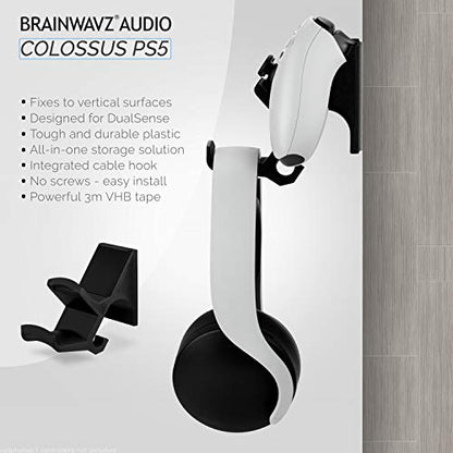 BRAINWAVZ The Colossus [PS5 Edition] DualSense Gamepad Controller & Headphone Hanger Holder Mount for PlayStation PS5 Game Controller and Pulse 3D headset, No Screws, Strong VHB Adhesive (Black) - color: PS5 Colossus