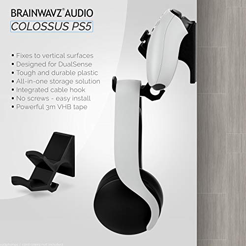 BRAINWAVZ The Colossus [PS5 Edition] DualSense Gamepad Controller & Headphone Hanger Holder Mount for PlayStation PS5 Game Controller and Pulse 3D headset, No Screws, Strong VHB Adhesive (Black) - color: PS5 Colossus