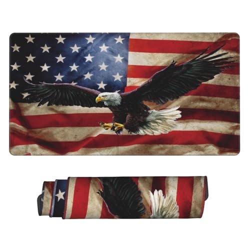 EOBTAIN Gaming Large Mouse Pad Vintage American Flag Desk Mat for Keyboard and Computer 31.5x15.7 Inch Non-Slip Rubber USA Bald Eagles XXL Mousepad with Stitched Edges for Office Laptop and Home - color: Red