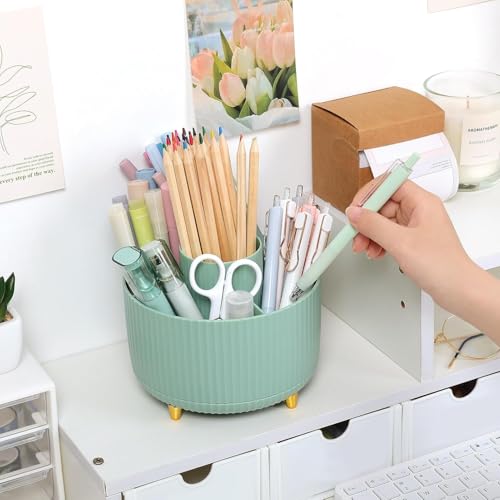 SKYDUE 360 Degree Rotating Desk Organizer, Dual-Purpose Pencil Pen Holder for Desktop, Rotating Desk Pen Organizer with 5 Slots, Pencil Cup for School, Home, Office Supplies (Bean Green) - color: Bean Green_1Pack