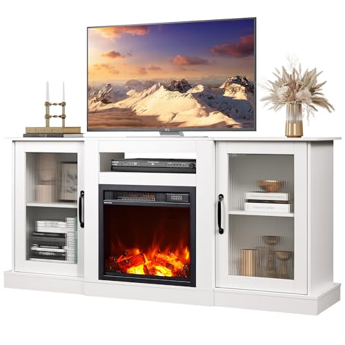 WLIVE Fireplace TV Stand for 65" TV, Entertainment Center with 3D Realistic Flame Electric Fireplace, TV Console with Open Shelves for Living Room, White - color: White, size: 58'' Fireplace TV Stand