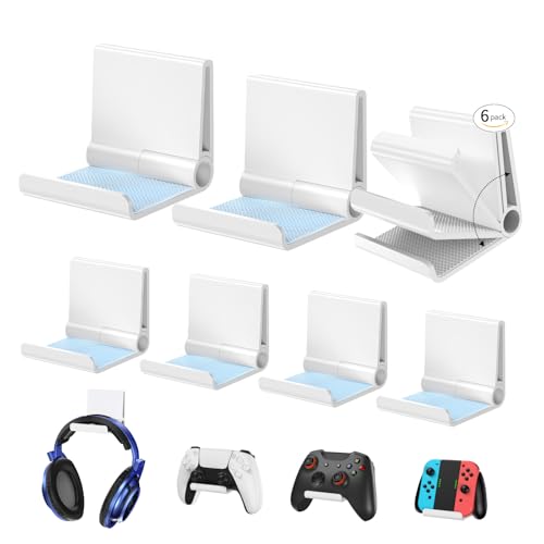 6amLifestyle 6 Pack Foldable Controller Wall Mount Holder for Xbox PS5 PS4 PS3 Switch Pro Strong Adhesive/Screw Controller Hanger Hook with Anti-Slip Pad Universal Gaming Remote Accessories, White - color: White