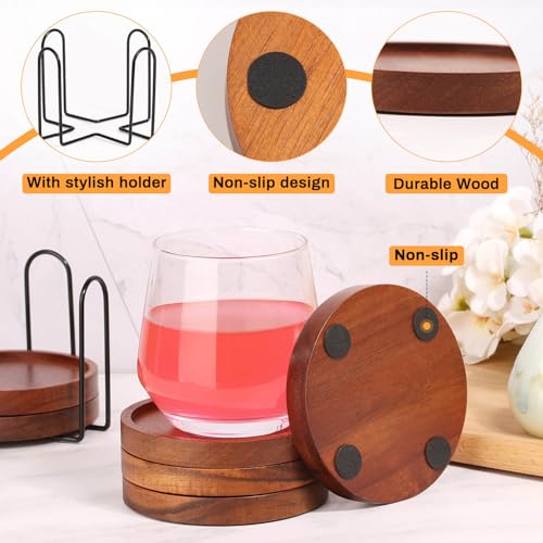Mckanti Wooden Coasters Set of 6 with Holder, Acacia Wood Drink Coasters for Farmhouse, Patio, Bar Decoration - style: Set of 6