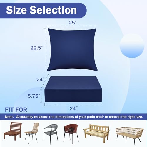 IASEAHK Outdoor Chair Cushions, 24 x 24 Inch Outdoor Cushion for Patio Furniture, Patio Chair Cushion, Waterproof & Fade Resistant Deep Patio Furniture Cushions Set with Handle and Ties, Navy Blue - color: Navy, size: 24*24+5.75/25*22.5