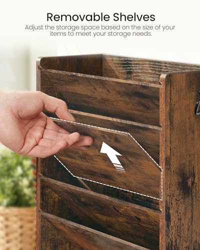 CHOEZON Wall File Organizer, 6-Tier Vertical Mount Hanging Holder with 2 Side Hooks, Vintage Wooden Magazine Storage Crate with Bottom Flat Tray, Desk Organizer, for Office, Home, Rustic Brown MWJ01FG - color: Rustic Brown, size: 6-Tier