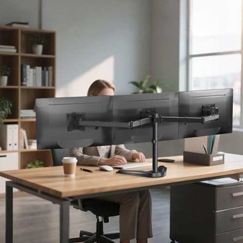 WALI Free Standing Triple Monitor Mount, Heavy Duty Triple Monitors Stand for 13-27 inch Screens, Adjustable 3 Monitor Arm Desk Mount with Swivel, Tilt, Rotation, Grommet Base (MF003N), Black - size: Triple, style: Steel Free Stand