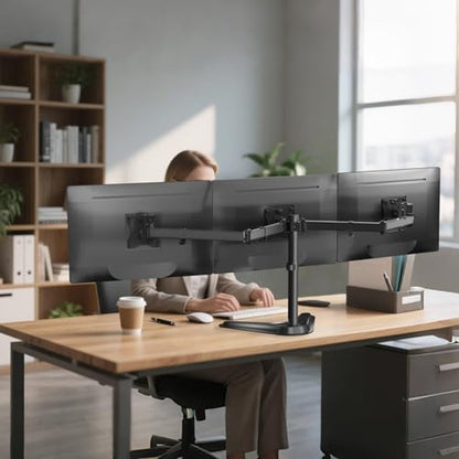 WALI Free Standing Triple Monitor Mount, Heavy Duty Triple Monitors Stand for 13-27 inch Screens, Adjustable 3 Monitor Arm Desk Mount with Swivel, Tilt, Rotation, Grommet Base (MF003N), Black - size: Triple, style: Steel Free Stand