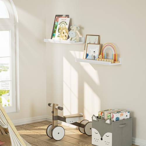 Alsonerbay White Floating Shelves Wall Mounted Set of 2, 15.7 Inch Modern White Shelves with Lip, Wood Wall Shelves with Wooden Beads for Bathroom Bedroom Living Room Nursery and More