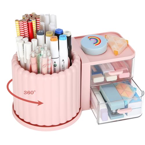 LETURE Rotating Office Desk Organizers and Accessories with 2 Drawer, Pencil Pen Marker Holder for Desk, Desktop Storage Organizers and Accessories for Office Home Art Supplies (Pink) - color: Pink