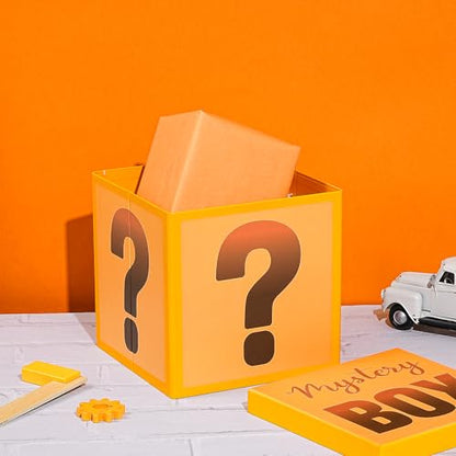 RUSPEPA Mystery Gift Box with Lid, Fun Orange Question Mark Design, Medium Collapsible Gift Box with Tissue for Kids & Adults, Birthday, Party Games, Mystery Surprise Packaging, 9x9x9 Inches, 1 Pcs