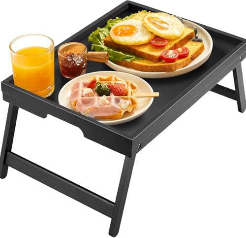 Bamboo Bed Tray Table with Foldable Legs, Breakfast Tray for Sofa, Bed, Eating, Working, Used As Laptop Desk Snack Tray by Pipishell (Black) - color: Black, size: 16.3" x 11.8" x 6"