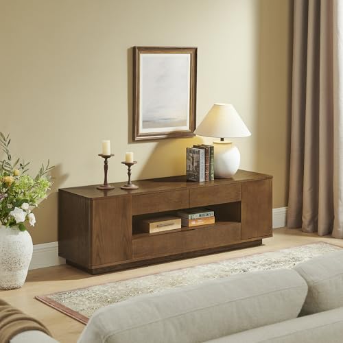 LKTART 59" Mid-Century Modern TV Stand, Solid Wood Veneer Entertainment Center with Storage Drawers & Cable Management,Eco-Friendly Paint Finish Media Console for 50/55/60/65 inch TVs,Walnut - color: 59" Walnut