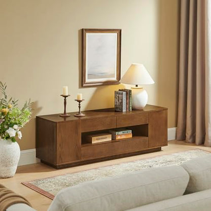 LKTART 59" Mid-Century Modern TV Stand, Solid Wood Veneer Entertainment Center with Storage Drawers & Cable Management,Eco-Friendly Paint Finish Media Console for 50/55/60/65 inch TVs,Walnut - color: 59" Walnut