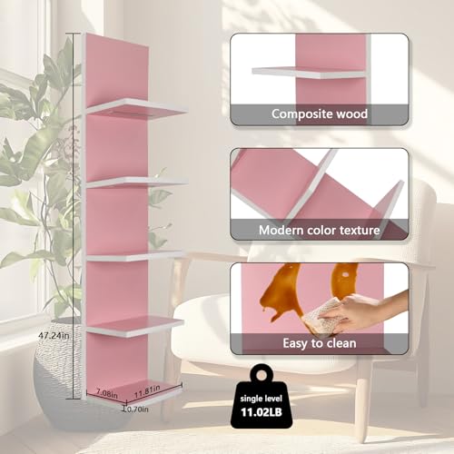 5 Tier Pink Wall Shelf Unit, Pink Shelves, Wall Shelves for Bathroom,Bedroom, Vanity Shelves, Wall Mount Vertical Lack Shelf with led - color: Pink