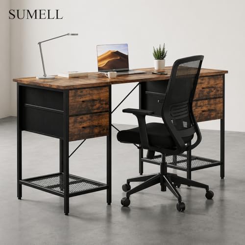 SUMELL 55 Inch Computer Desk with 4 Drawers, Rustic Brown Home Office Desk with Mesh Shelf for Gaming, Study, and Writing Workstation