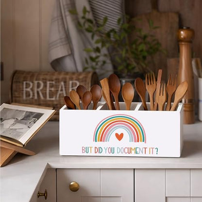But Did You Document It Wooden Desk Organizer Pen Holder | Motivational quote design; 3-compartment wooden caddy holds pens, pencils, and supplies for office, home, or classroom. - color: Document It Rainbow