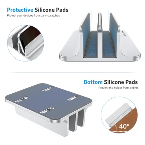 OMOTON Vertical Laptop Stand [Updated Double Version], Desktop Aluminum Mac Book Stand with Adjustable Dock Size, Fits All Mac Book, Surface, Chrome Book and Gaming Laptops (Up to 17.3 inch) (Silver) - color: Silver