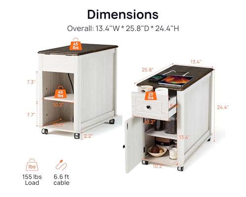 Farmhouse End Table with Wheels & Charging Station, USB-C, Narrow Rolling Side Table with Storage Cabinet and Deep Drawer, Small Nightstand with Hidden USB Ports and Outlets for Living Room, White - color: Light Oak, size: 23" Leg