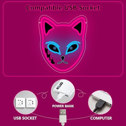 Anime Neon Sign, Japanese Led Neon Light Signs for Wall Decor Fox Face Light up Sign for Bedroom Game Room Party Decoration Birthday Gift for Girl Christmas Dimmable USB Powered(13.8"*11.4") - style: MASK PINK