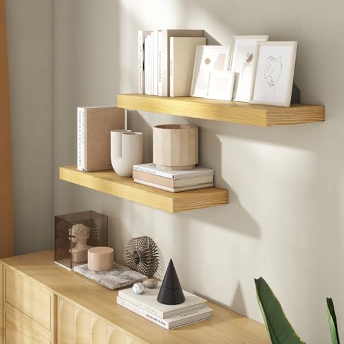 30 Inch Floating Shelves for Wall, 8 Inch Deep Floating Shelf for Storage & Display, Rustic Wall Mounted Shelf with Invisible Brackets for Living Room, Kitchen, Bathroom, Home Decor, Set of 2, Oak - color: Oak, size: 30 Inch, Set of 2
