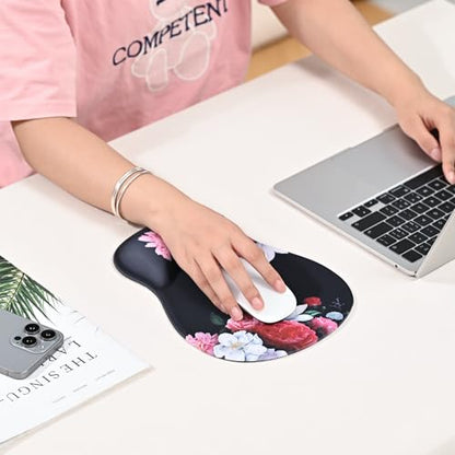 EooCoo Ergonomic Mouse Pad with Gel Wrist Rest Support Middle Concave Design, Relieve Wrist Pain Mousepad, Non-Slip Base for Laptop, Computer, Office Desk Accessories, Carpal Tunnel Syndrome - color: Black Flower