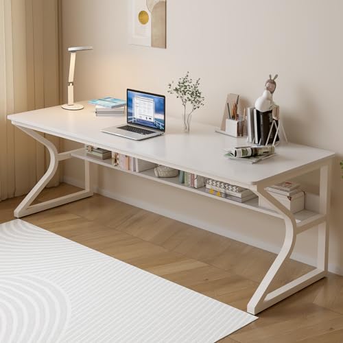 OSCHF Extra Long Desk with Bookshelf - 71" Double Long Writing Table for 2-Person Workstation, Modern Study Work Computer Desk for Home and Office, Warm White - color: Warm White, size: 71x23.6 inch