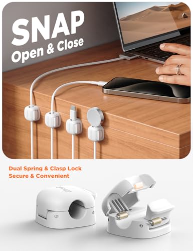 12Pack Cord Organizer, Chfeila Compact Dual Spring & Clasp Lock Cable Management Clips, Adhesive Phone Charger Keeper, Wire Holder for Nightstand/Car, Home Office Desk Accessories Decor Essentials - color: White-12Pack