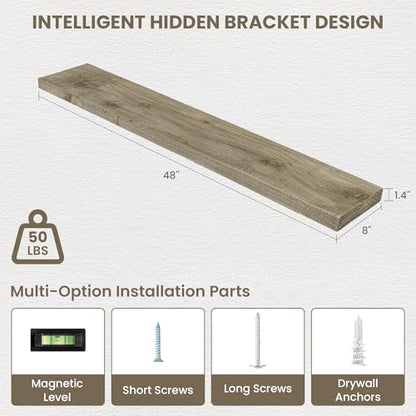 Acovy 48" Unfinished Solid Reclaimed Wood Floating Shelves, Rustic Heavy-Duty Wall Shelves, 8" Deep Floating Shelf for Living Room, Bathroom, Bedroom and Kitchen, Set of 1, Grey - color: Cement Grey, size: 48inches-1P