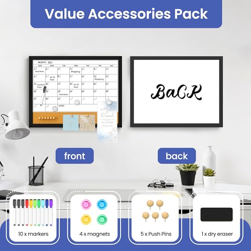 Monthly Calendar Whiteboard for Wall, 17 x 13 Inches Dry Erase Board Cork Board Combo with Wood Framed, Hanging Magnetic White Board with Markers Magnets Push Pins Eraser for Office Kitchen Home Memo - size: 17"W x 13"H, style: Wooden Frame
