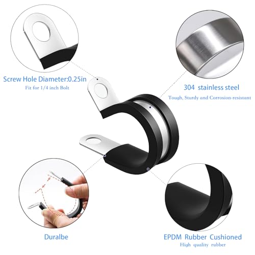 1 Inch Stainless Steel Cable Clamps, 20 Pcs, Rubber Cushioned Insulated Clamps, Pipe Clamp, Tube Holder for Tube, Pipe, Lines or Wire Cord Installation (1"(26mm)) - size: 1"(26mm)